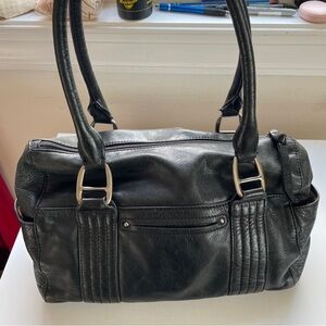 B.Makowsky Vintage Black Leather Baguette Mini Duffle Shoulder Bag Purse